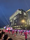 A parade to celebrate the grand finale of Netflix's global hit series ″Squid Game″ (2021-) was held in central Seoul on June 28. The image features the show's iconic Pink Guards. [KIM JI-YE]