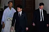 Japan's Agriculture Minister Shinjiro Koizumi, front left, leaves the Yasukuni Shrine in Tokyo after a visit on the 80th anniversary of Japan's surrender in World War II on Aug. 15. [AP/YONHAP]