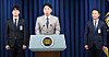 Kang Hoon-sik, center, the presidential chief of staff, announces the appointments of Kim Hyun-jong, right, as first deputy national security adviser and Ha Jung-woo as senior secretary for artificial intelligence policy during a press briefing at the presidential office in Seoul on June 15. [YONHAP]