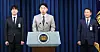 Kang Hoon-sik, center, the presidential chief of staff, announces the appointments of Kim Hyun-jong, right, as first deputy national security adviser and Ha Jung-woo as senior secretary for artificial intelligence policy during a press briefing at the presidential office in Seoul on June 15. [YONHAP]