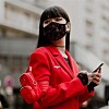Photo of Japanese model Kozue Akimoto participating in 2020 Paris Fashion Week wearing a mask designed by Marine Serre. [SCREEN CAPTURE]