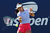 Emma Raducanu returns the ball during a practice session prior to the start of the 2024 US Open at USTA Billie Jean King National Tennis Center in New York on Aug. 22. [AFP/YONHAP]