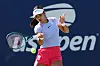 Emma Raducanu returns the ball during a practice session prior to the start of the 2024 US Open at USTA Billie Jean King National Tennis Center in New York on Aug. 22. [AFP/YONHAP]