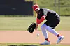 Kia Tigers foreign hitter Patrick Wisdom practices first base defence during the first spring camp held in California on Feb. 10. [YONHAP]