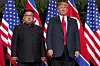 U.S. President Donald Trump, right, meets with North Korean leader Kim Jong-un on Sentosa Island, Singapore, on June 12, 2018. [AP/YONHAP]
