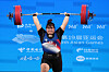 Korean weightlifter Park Hye-jeong competes during the women's 87-kilogram divison at the Hangzhou Asian Games held at Xiaoshan Sports Centre Gymnasium in Hangzhou, China on Saturday. [XINHUA/YONHAP]