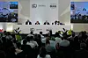Simon Stiell, United Nations climate chief, second from left, listens as Andre Correa do Lago, COP30 president, second from right, speaks during a news conference at the COP30 UN Climate Summit on Nov. 10 in Belem, Brazil. [AP/YONHAP]