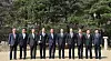 From left, Foreign Minister Cho Tae-yul; Deputy Prime Minister and Finance Minister Choi Sang-mok; Hyundai Motor Group Executive Chair Euisun Chung; Samsung Electronics Executive Chairman Lee Jae-yong; Acting President Han Duck-soo; SK Group Chairman Chey Tae-won; LG Group Chairman Koo Kwang-mo; Minister of Trade, Industry and Energy Ahn Duk-geun; National Security Adviser Shin Won-sik; and Sung Tae-yoon, director of national policy at the presidential office, take a photo ahead of their task force meeting on discuss countermeasures to U.S. President Donald Trump's incoming tariffs at the prime minister’s office in central Seoul on April 1. [JOINT PRESS CORPS]