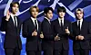 Members of boy band NCT 127 (from left) Johnny, Haechan, Mark, Jaehyun and Taeyong, pose for photos during a press conference held on Friday at the Conrad Seoul hotel in western Seoul for its fifth full-length album ″Fact Check.″ [NEWS1]
