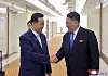 This photo, published by the Korean Central News Agency on July 27, shows Pak In-chol, left, chairman of North Korea's Supreme People's Assembly, leaving Pyongyang the previous day to attend the World Conference of Speakers of Parliament in Geneva, Switzerland. [YONHAP]