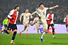 Bayern Munich defender Kim Min-jae (right) competes with Feyenoord forward Santiago Gimenez during the UEFA Champions League at the Feyenoord Stadium in Rotterdam, Netherlands on Jan. 22. [AFP/YONHAP]