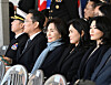 Samsung Electronics Executive Chairman Lee Jae-yong, second from left, Hong Ra-hee, honorary director of the Leeum Samsung Museum of Art, center, and Lee Seo-hyun, president of Samsung C&T, second from right, attend a ceremony at the Naval Academy in Changwon on Nov. 28, 2025. [YONHAP]