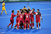 Korean hockey players celebrate after defeating China in the men's hockey bronze medal match at the Hangzhou Asian Games in Hangzhou, China on Friday. [AP/YONHAP]