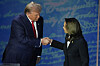 Republican presidential nominee and former President Donald Trump, left, and Democratic presidential nominee Vice President Kamala Harris shake hands before the start of an ABC News presidential debate at the National Constitution Center, Sept. 10, 2024, in Philadelphia. [AP]