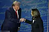 Republican presidential nominee and former President Donald Trump, left, and Democratic presidential nominee Vice President Kamala Harris shake hands before the start of an ABC News presidential debate at the National Constitution Center, Sept. 10, 2024, in Philadelphia. [AP]