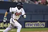 Oh Myeong-jin of the Doosan Bears gets the first hit of his KBO career in the fourth inning of a game against the Kiwoom Heroes at Jamsil Baseball Stadium in southern Seoul on Wednesday. [YONHAP]