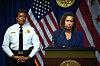 Washington Mayor Muriel Bowser, right, joined by Chief of Police at the Metropolitan Police Department Pamela Smith speaks at a press conference after U.S. President Donald Trump announced a federal takeover of the Metropolitan Police Department at the Wilson Building on Aug. 11 in Washington. [AFP/YONHAP]