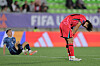 Korea's defender Shin Min-ha, right, reacts after a 2025 FIFA U-20 World Cup match against Paraguay at the Elias Figueroa Stadium in Valparaiso, Chile, on Sept. 30. [AFP/YONHAP]