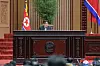North Korean leader Kim Jong-un speaks at the 10th session of the 14th Supreme People's Assembly in Pyongyang Monday in a photo carried by its official Korean Central News Agency Tuesday. [YONHAP]