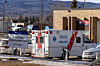 An ambulance is parked at the Community Health Center, a day after a shooting took place, leaving at least nine people dead, in Tumbler Ridge, British Columbia, Canada, on Feb. 11.  [AFP/YONHAP]