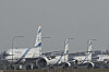 A row of aircrafts belonging to Israeli airlines El Al sit parked along the apron of Cyprus' main airport in Larnaca, June 14. [AP/YONHAP]