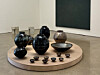 Counterclockwise, from front: Earthenware by Kim Sy-young, mulberry bark painting by Chung Chang-sup and architecture-inspired sculptures by Lee Myung-jin are on display at PKM Gallery's latest show, 'From Hands' during a press preview on Feb. 3, in Jongno District, central Seoul. [LEE JIAN]