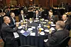 Clockwise from left, Ambassador of Czechia Ivan Jancarek, Woori Bank CEO Jung Jin-wan, Hana Bank CEO Lee Ho-sung, Financial Services Commission Chairman Kim Byung-hwan, Korea JoongAng Daily CEO Park Chang-hee, KB Kookmin Bank CEO Lee Hwan-ju and Ambassador of Australia Jeff Robinson converse during the 2025 Korea Economic Forum at Lotte Hotel Seoul in Jung District, central Seoul, on March 20. [PARK SANG-MOON]