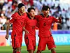From left: Cho Gue-sung, Lee Kang-in and Hwang In-beom celebrate during an Asian Cup Group E game against Bahrain at the Jassim Bin Hamad Stadium in Qatar on Monday. [YONHAP]