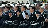 Democratic Party presidential candidate Lee Jae-myung, third from right, the minor Reform Party's Lee Jun-seok, second from right, and the minor Justice Party's Kwon Young-kook, right, attend a ceremony marking the 45th anniversary of the 1980 pro-democracy uprising in Gwangju at the May 18th National Cemetery in the southwestern city on May 18. [YONHAP]