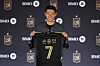 Son Heung-min holds his jersey for a photo during a press conference with Los Angeles FC at BMO Stadium in Los Angeles on Aug. 6. [LOS ANGELES FC]
