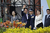 New Taiwan's President Lai Ching-te, center, Vice President Hsiao Bi-khim, right, and former President Tsai Ing-wen wave during Lai's inauguration ceremonies in Taipei, Taiwan, on Monday. [AP/YONHAP]