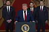U.S. President Donald Trump, center, announces U.S. airstrikes on three Iranian nuclear facilities in a speech at the White House in Washington on June 21. [AP/YONHAP]