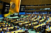 The results of a vote on a resolution for the UN Security Council to reconsider and support the full membership of Palestine into the UN is displayed during a special session of the UN General Assembly, at the UN headquarters in New York City on May 10, 2024. [AFP/YONHAP]
