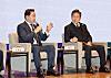 Korea Chamber of Commerce and Industry (KCCI) Chairman Chey Tae-won, left, and Democratic Party presidential candidate Lee Jae-myung speak at a roundtable hosted by Korea's five major business groups at the KCCI's headquarters in Jung District, central Seoul, on May 8. [NEWS1]
