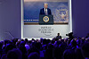 Attendees listen to a virtual speech delivered by U.S. president Donald Trump, at the Annual Meeting of World Economic Forum in Davos, Switzerland, on Jan. 23. [AP]