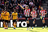 Brentford's Nathan Collins, third from right, celebrates during the Premier League match against Wolverhampton Wanderers at Gtech Community Stadium in London on Saturday. [REUTERS/YONHAP]