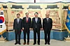 President Yoon Suk Yeol, second from right, takes a commemorative photo with the national security advisers of South Korea, U.S. and Japan ahead of a dinner banquet at the presidential residence in Hannam-dong, central Seoul, Friday. From left, South Korean National Security Adviser Cho Tae-yong, National Security Adviser Jake Sullivan, Yoon and Japanese National Security Secretariat Secretary General Takeo Akiba. [PRESIDENTIAL OFFICE]
