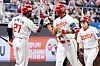 The SSG Landers celebrate during the KBO game against the Kiwoom Heroes at Incheon SSG Landers Field in Incheon on Monday. [NEWS1]