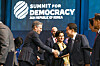 President Yoon Suk Yeol, right, shakes hands with U.S. Secretary of State Antony Blinken during the opening ceremony of the third Summit for Democracy held at The Shilla Seoul in Jung District, central Seoul, on Monday. [PRESIDENTIAL OFFICE]