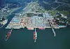 HD Hyundai Samho's shipyard in Yeongam, South Jeolla, furnished with piers consisting of multiple dolphins, which are clusters of cylindrical pillars installed in the sea near the shore. [HD HYUNDAI SAMHO]