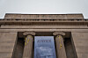 A banner showing U.S. President Donald Trump is hung from the Department of Justice Feb. 19, 2026, in Washington. [AP/YONHAP]