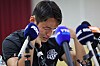 Suwon FC midfielder Son Jun-ho wipes away tears during a press conference at Suwon City Sports Council in Suwon, Gyeonggi on Wednesday. [YONHAP]