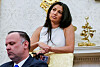 Katie Miller, rear, wife of White House Deputy Chief of Staff for Policy Stephen Miller, and White House Deputy Chief of Staff Dan Scavino attend a press conference with U.S. President Donald Trump and Elon Musk at the White House in Washington on May 30. [REUTERS/YONHAP]