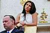 Katie Miller, rear, wife of White House Deputy Chief of Staff for Policy Stephen Miller, and White House Deputy Chief of Staff Dan Scavino attend a press conference with U.S. President Donald Trump and Elon Musk at the White House in Washington on May 30. [REUTERS/YONHAP]