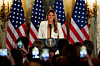 U.S. first lady Melania Trump addresses an audience of spouses of heads of government, including Korean first lady Kim Hea Kyung, as she announces her ″Fostering the Future Together″ initiative on the sidelines of the 80th United Nations General Assembly at the Lotte New York Palace Hotel in New York on Sept. 23. [REUTERS/YONHAP]