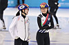 Korean short track speed skaters Shim Suk-hee (right) and Noh Do-hee during a training session for the Asian Winter Games at Heilongjiang Ice Events Training Center in Harbin, China, on Feb. 3. [YONHAP]