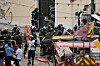 First responders work at the site of an accident involving Lisbon's Gloria funicular, a popular tourist attraction, which derailed and crashed, resulting in fatalities and injuries, according to authorities, in Lisbon, Portugal on Sept. 3. [REUTERS/YONHAP]