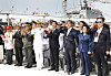 From third from left, front row: Marine Corps Commandant Lt. Gen. Kim Kye-hwan, Chief of Naval Operations Adm. Yang Yong-mo, Incheon Mayor Yoo Jeong-bok and officials applaud during a ceremony commemorating the 74th anniversary of the Incheon landing at Inner Harbor Piers 1 and 8 in Jung District, Incheon, on Wednesday. [PARK SANG-MOON]
