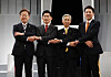 From left: Lee Jae-myung of the Democratic Party, Kim Moon-soo of the People Power Party, Kwon Young-gook of the Democratic Labor Party and Lee Jun-seok of the Reform Party pose for a photo ahead of the second televised presidential debate on May 23 at the KBS studio in Yeongdeungpo District, western Seoul. [JOINT PRESS CORPS]