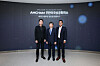 From left: Ceragem CEO Lee Kyung-soo, American Chamber of Commerce in Korea Chairman and CEO James Kim and Ceragem Vice President Brandon Joe pose for a photo at Centerfield in southern Seoul on July 16. [CERAGEM]